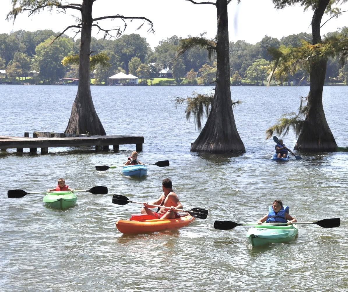 Five people kayaking in a lake.
